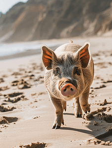 胡子猪在沙滩上散步