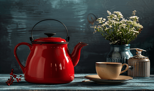 深色背景中的一个红色水壶和一杯茶