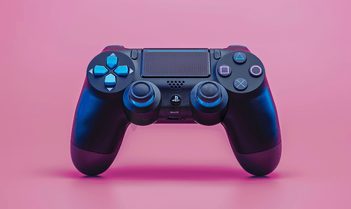 左侧悬浮窗摄影照片_黑色操纵杆游戏控制器带有粉色背景上隔离的蓝色悬浮按钮