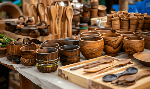 果阿夜市柜台上的木制品珠宝盒杯子杯子和勺子