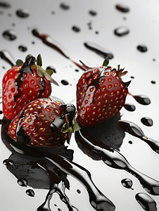 白色背景下覆盖着巧克力糖浆的草莓