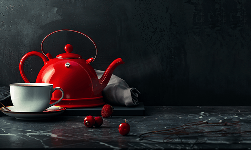 红色茶摄影照片_深色背景中的一个红色水壶和一杯茶