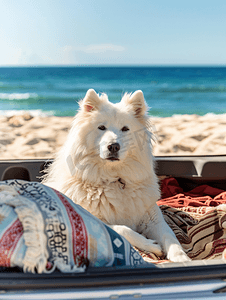 海滩野餐时萨摩耶犬坐在汽车后备箱里