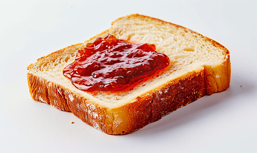 食品面包摄影照片_一片白面包配上黄油和草莓酱
