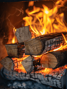 原木风干花摄影照片_在壁炉的火箱中燃烧木原木