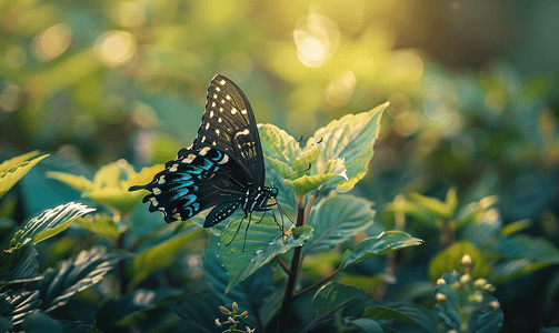 4恶魔翅膀摄影照片_花园植物绿叶上美丽的蝴蝶