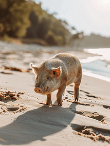 胡子猪在沙滩上散步