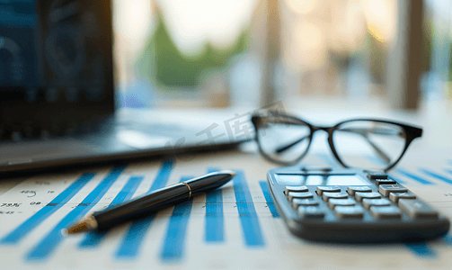 蓝色关系图摄影照片_企业财务报告背景计算器笔眼镜和办公桌上的图表