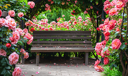 浪漫草地摄影照片_玫瑰园中间的木凳
