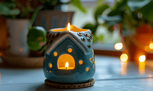 新年蜡烛摄影照片_房子形状的陶瓷烛台