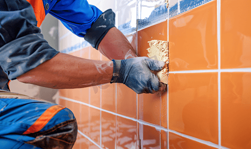 专注的瓷砖工正在浴室墙上铺设瓷砖家庭维修