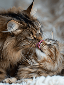 毛茸茸的猫用舌头给虎斑猫洗澡