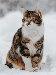 被遗弃的摄影照片_多色猫坐在雪地上冬天被遗弃的猫