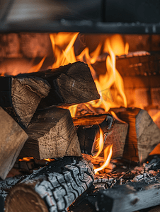 在壁炉的火箱中燃烧木原木