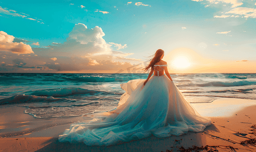 爱情海花摄影照片_新娘在海滩上穿着美丽的婚纱