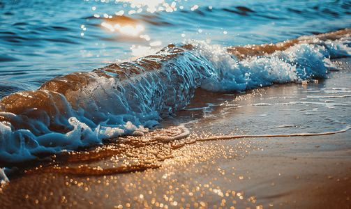 太阳与云彩摄影照片_蓝色大海的海浪与泡沫卷上金色的海岸特写