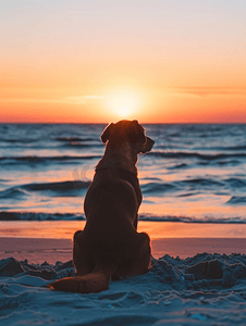 日落时分海滩上的狗