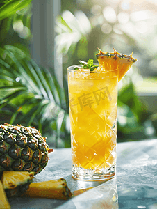 新鲜菠萝鸡尾酒与新鲜菠萝夏季饮料概念