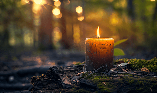 双十一火拼摄影照片_森林里一根旧木头上的蜡烛