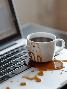 将白色杯子里的咖啡洒在电脑笔记本电脑键盘上