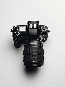专业摄影机摄影照片_白色背景上的数码单反相机
