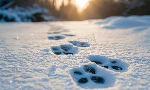 片状雪花摄影照片_狗在雪地里留下的足迹