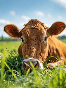 牛躺在牧场的草地上牛的头