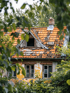 屋顶由固体金属板制成的房屋形状像旧瓦片