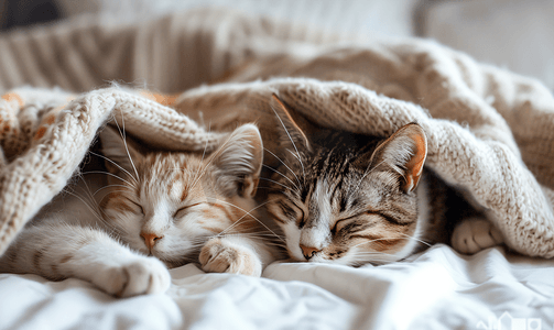 小猫咪和小女孩摄影照片_昏昏欲睡的猫咪躺在毯子下