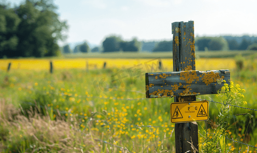 草地设计摄影照片_带警告标志的草地警告电围栏