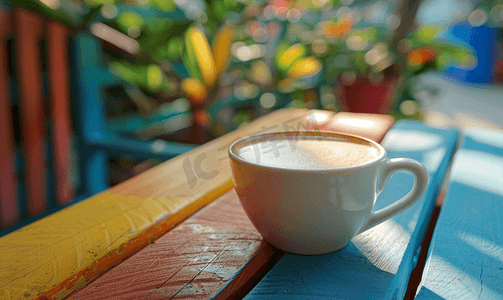 拿着咖啡杯摄影照片_越南大叻咖啡馆色彩缤纷的木桌上放着一杯热牛奶咖啡