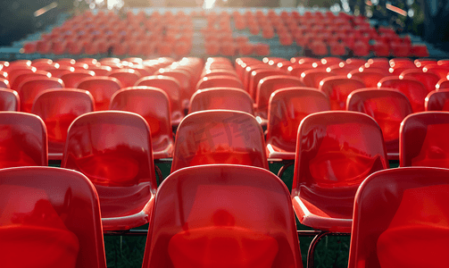阳光明媚的户外剧院里空塑料红椅特写