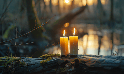 两支蜡烛森林里一根旧木头上的两支蜡蜡烛