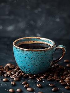 深色背景上加咖啡豆的咖啡杯热饮咖啡杯
