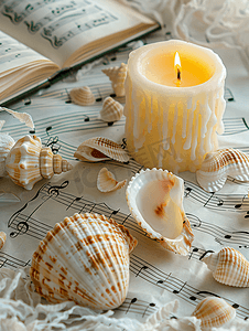 音乐创意音符摄影照片_音符上的贝壳和蜡烛