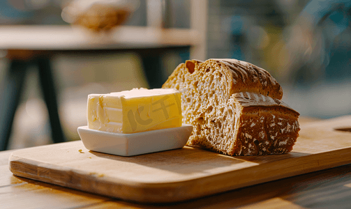 全麦吐司摄影照片_容器中加入黄油案板上的全麦面包
