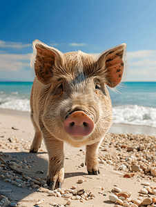 长胡子的猪沿着海滩散步