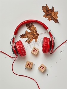 骰子大小的字母立方体拼写音乐干叶和红色耳机