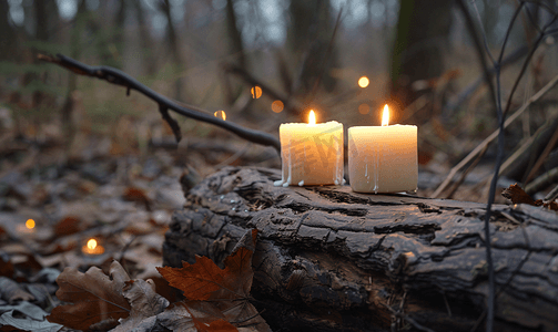 双十一火拼摄影照片_森林里一根旧木头上的两支蜡烛