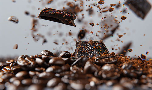 棕色咖啡豆背景摄影照片_烘焙过的咖啡豆和磨碎的黑巧克力