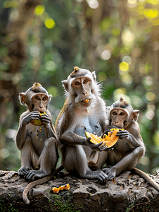 一群猴子坐在岩石上在森林里吃水果