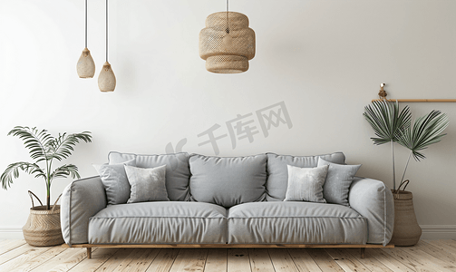 波西米亚风格的内饰配有灰色沙发和奶油色墙壁上的装饰