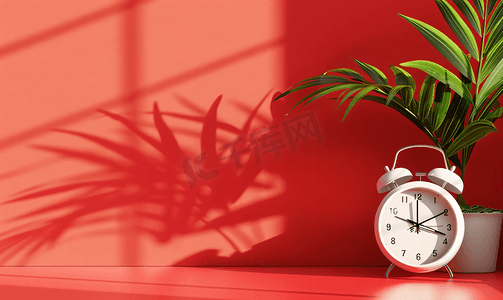 红色背景中的白色复古闹钟和室内植物