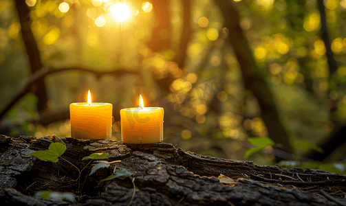 两支蜡烛森林里一根旧木头上的两支蜡烛