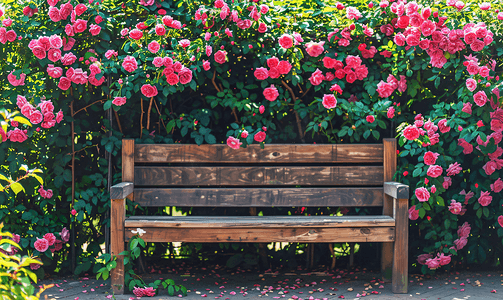 玫瑰园中间的木凳