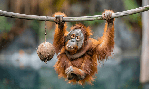 红猩猩挂在树枝上吃椰子