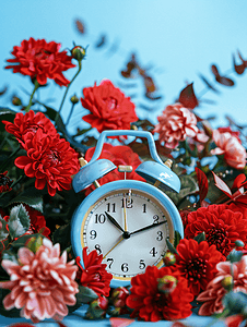 蓝色小时摄影照片_红玫瑰和菊花头包围的小可爱蓝色闹钟