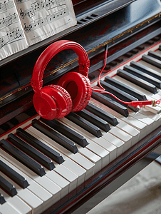 钢琴键上的乐谱和红色耳机