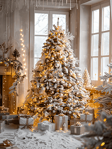 冬季假期的内部一棵神奇的发光圣诞树
