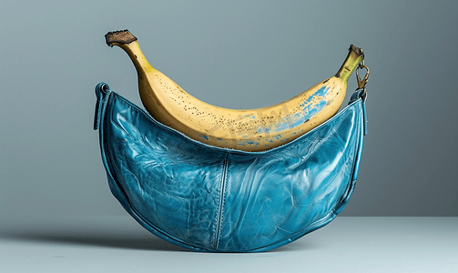 灰色背景中由蓝色皮革香蕉制成的腰包